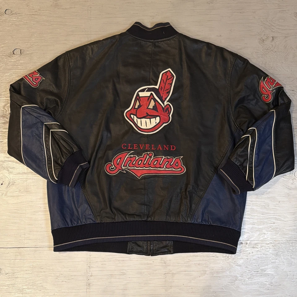 Chaqueta de béisbol de cuero XL Carl Banks Cleveland Indians MLB G-III de colección años 90 Foto 2 de 4