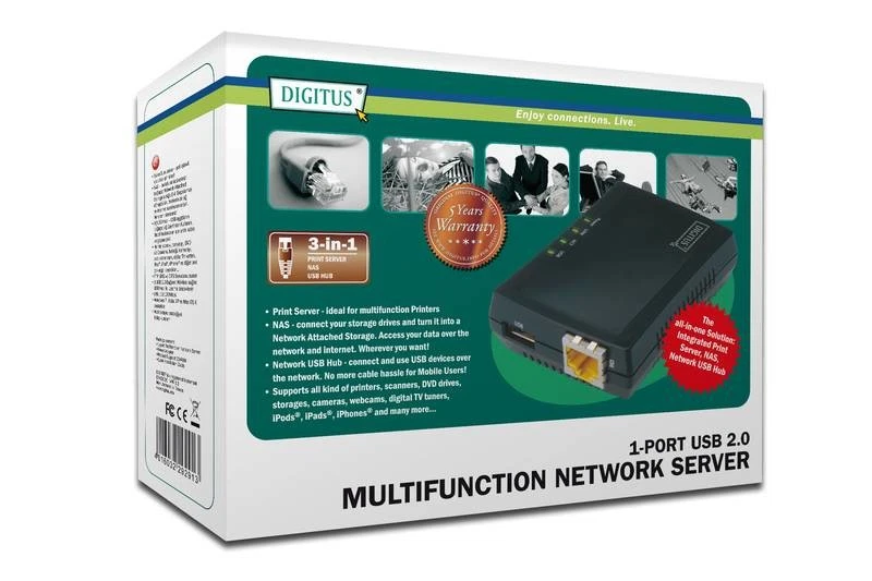Digitus USB Netzwerkserver 1-Port Printserver Ethernet LAN USB 2.0 Schwarz - Bild 2 von 4