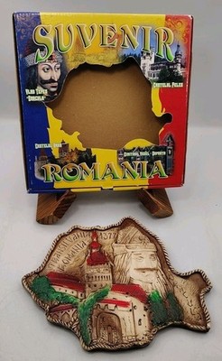 Vintage Romania Bran Castle 3D Ceramic Plaque Dracula 1377 W/Box READ CHIP
