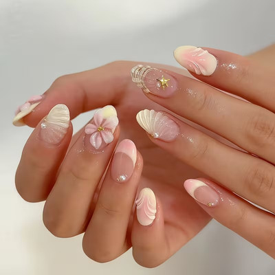24 Press-On Nails Oval Nude French 3D Muschel Blume Perlen Wiederverwendbar