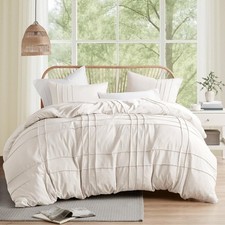 Cream Queen Size Duvet Cover Set - 3 Pieces Pintuck Pleated Duvet Cover Queen...