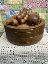 Hermoso cuenco de madera MCM de colección con 9 piezas de fruta de madera tallada ¡BONITO!
