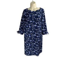 Talbots Dress Womens 8 Navy Floral Scalloped Neckline Crepe Tie Cuffs Shift
