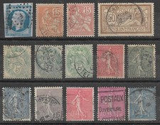 Lot 14 timbres 1862 Napoleon 1900 Blanc Merson 1902 Mouchon Semeuse obliterés.
