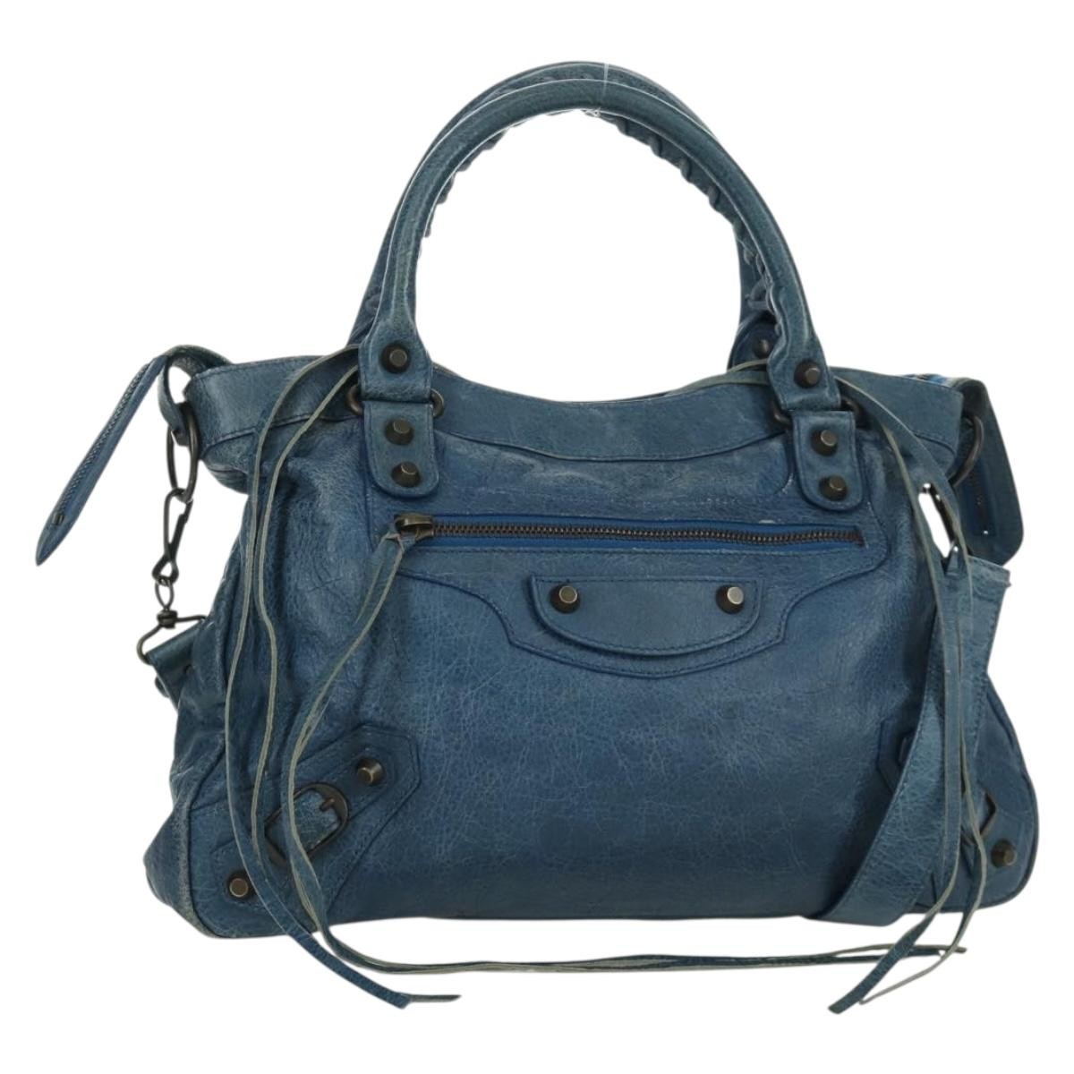 BALENCIAGA The Town Hand Bag Leather 2way Blue 240579 Auth
