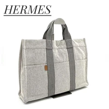 Hermes Fool Toe MM Tote Bag A4 Gray Canvas Leather Silver Authentic