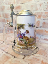 Vintage J. Gerz German Beer Stein Glass Pewter Lid “Wein Trinker” Vineyard Scene