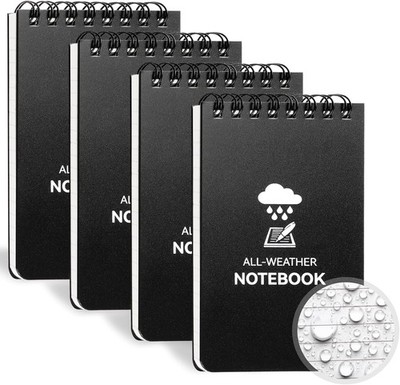 Waterproof Notebook, 4 Pack Top-Spiral Pocket Notepad, 3'' x 5'' Weatherproof Note