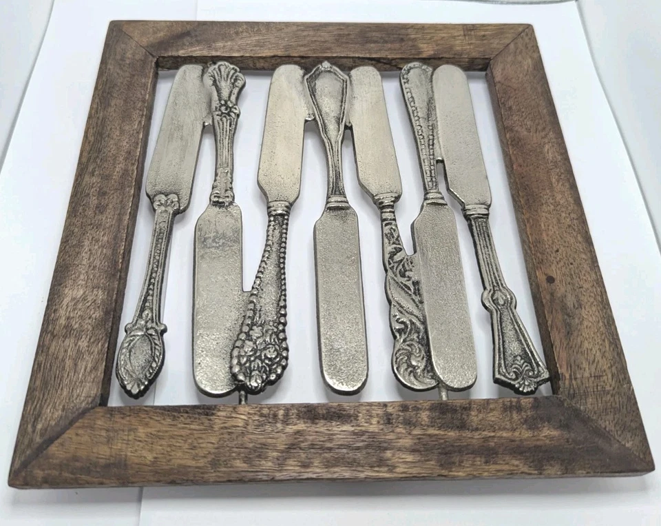 Mud Pie Wood Frame Metal Trivet Square 8.5" Interlocked Knife Cutlery Design New - Image 3 of 4