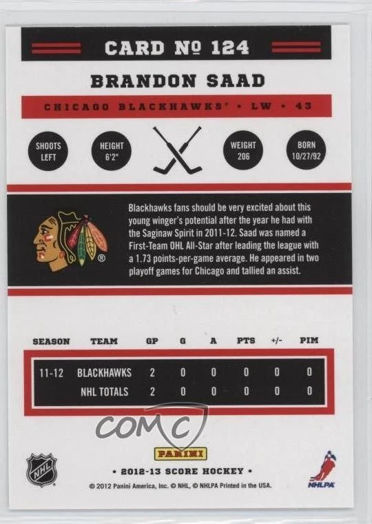 2012-13 Score Brandon Saad #124 - Image 2 of 2