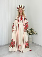 Custom Ukrainian Embroidered Dress Vyshyvanka Linen Maxi Handmade Floral