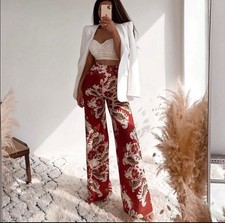 NEW Zara Linen Blend Extra Wide Leg Printed Pants Sz XL Women  s High Rise