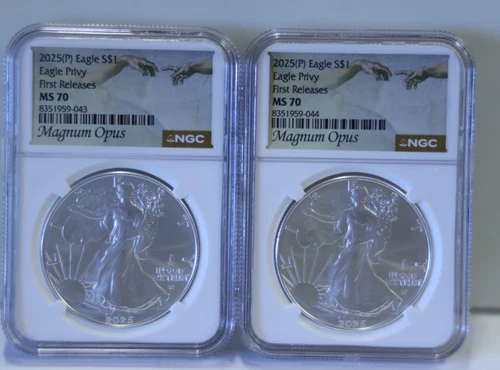 (2) 2025P American Silver Eagle - Eagle Privy NGC MS70 Magnus Opus 1st Release