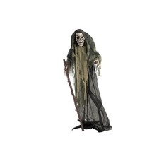 Life-Size Scary Skeleton Reaper Holding Staff, Halloween Animatronic with Tou...