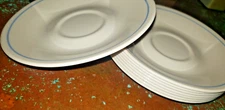 Lot Of Eight  6in Corelle Saucers Beige W/ Thin Blue Stripe 8