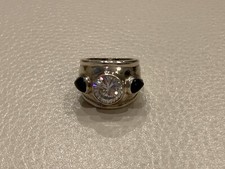 Vintage Taxco Mexico Sterling Silver Ring with Clear Faceted and Onyx Stones