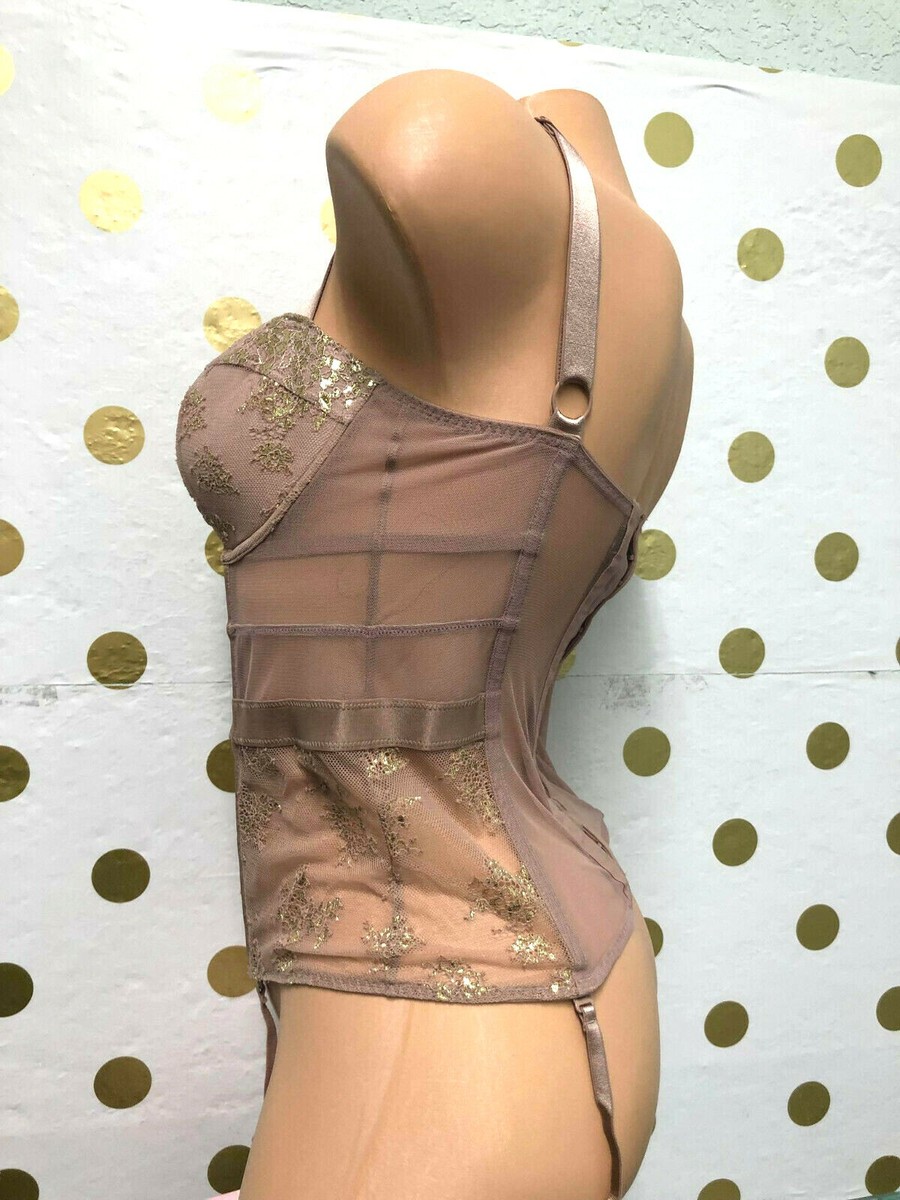 Victoria's Secret Very Sexy Champage Shiny Gold Shimmer Lace Corset  34C,36D,34B