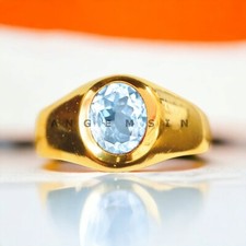 Aquamarine Gemstone With 14K Solid Yellow Gold Ring For Men's BL254