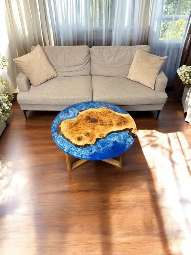 24 Inch Blue Wave Epoxy Resin Wooden Coffee Table for Kitchen or Living Room