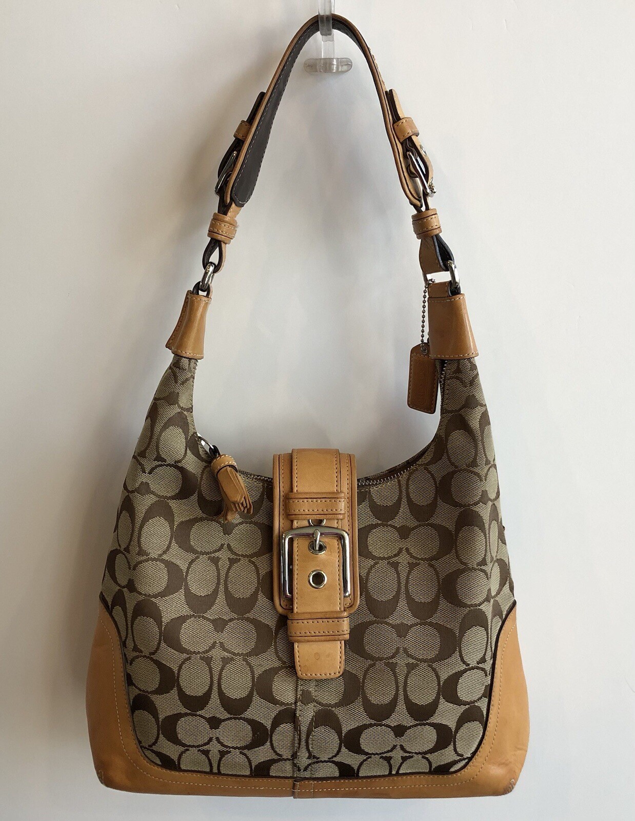 Coach EO43-6824 Signature C Jacquard And Leather Boho Shoulder Bag Tan Brown