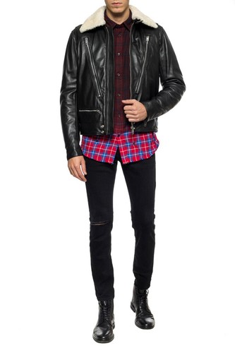 $1280 Designer DIESEL Men's Black Zip Detailing Aviator Biker Leather Jacket L - Picture 4 of 11
