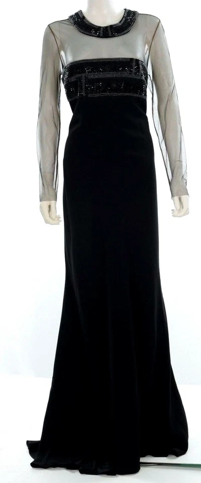 Vestido de noche Carmen Marc Valvo negro transparente con joyas hasta el suelo talla 12 Foto 2 de 4