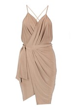 Boohoo Asia Slinky Wrap Tie Detail Bodycon Dress in Sand Women Size 6