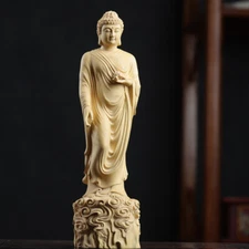 7.87" Boxwood Amitabha Buddha Sculpture Wood Carving Sakyamuni Statue Home Decor