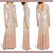 NEW $248 Eliza J [ 14 ] Long Sleeve Ombre Sequined Gown in Rose & Silver #G990