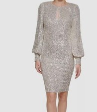 Eliza J Women Silver Sequin Long-Sleeve Cocktail Dress Petite Size 8P