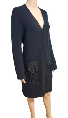 Luisa Cerano Cardigan Size 10 US Black Long Alpaca Blend Feather Sequin Pockets
