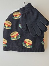 Nolan Originals Youth Boys Hamburger Cheeseburger Beanie  Gloves Set New 4-16