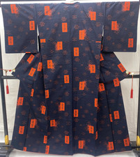 Japanese Vintage Kimono Silk Black Yumugi Komon Traditional Authentic Length62in