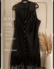 Wild at Heart Black Suede Boho Fringe V-Neck Button Dress Womens XL