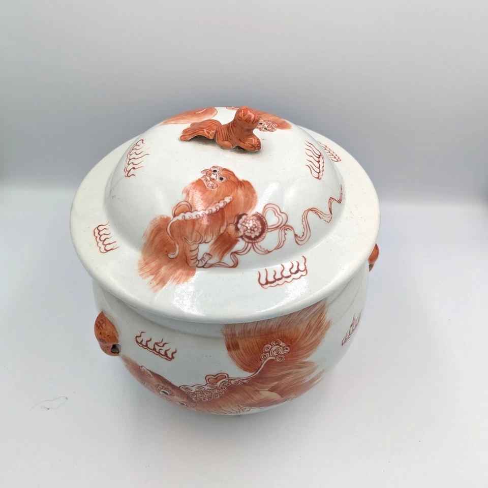 Qing Dynasty Iron Red Chinese Polychrome Porcelain Foo Dog Rice Pot Antique 9" - Image 2 of 4