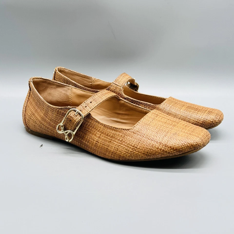 Zapatos planos de ballet Sam & Libby para mujer 9,5 marrón Mary Jane tejidos hebilla de rafia Foto 2 de 4