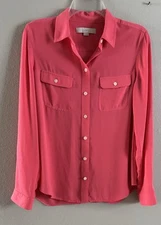 LOFT Women’s Bold Pink Blouse Long Sleeves Collard w Adjustable Sleeves Sz Small