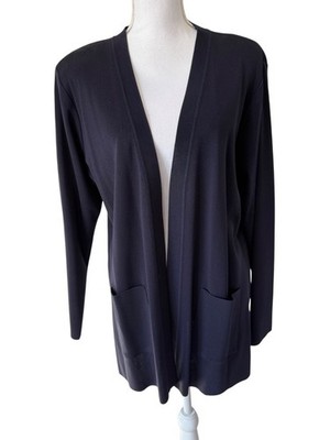 Exclusively Misook Size Large Open Cardigan Jacket Navy Blue Front Pockets