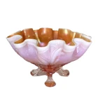 Vtg Dugan Cherry Footed Bowl Peach Opalescent Carnival Art Glass Ruffle Rim
