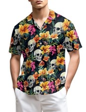 Tropical Skull Hawaiian Shirt Men Floral Gothic Flower Summer Beach Aloha