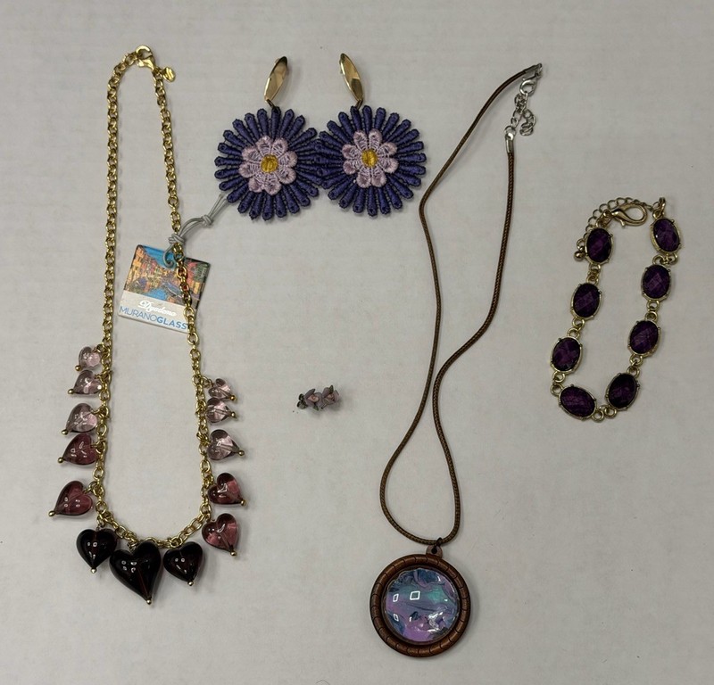 5 Pc Purple Costume Jewelry Lot Murano Glass Necklace Bracelet Earrings