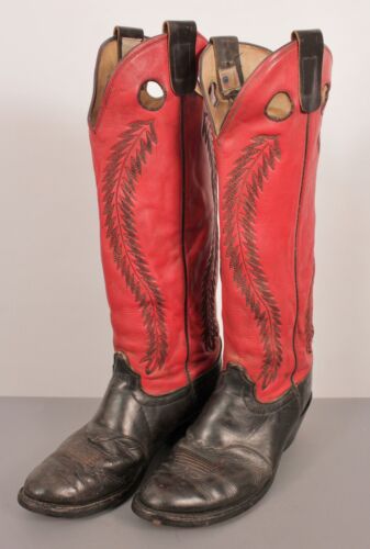 Men's VTG 90s (?) Red & Black Tall Olathe Leather Cowboy Boots Sz 10.5 D 1970s - Picture 1 of 19