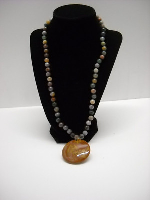 8mm Indian Agate Necklace & Disc Pendant 22'' Necklace Crystal Chakra Reiki #288