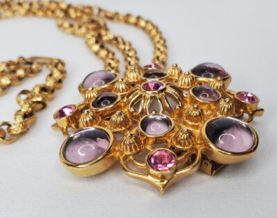 Vintage Jose Barrera For Avon Gold Tone Necklace Pink Purple