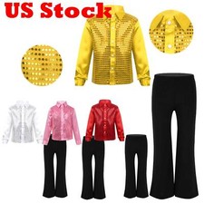 Boys Latin Jazz Sparkly Sequins Button Down Shirts with Flared Leggings Pants