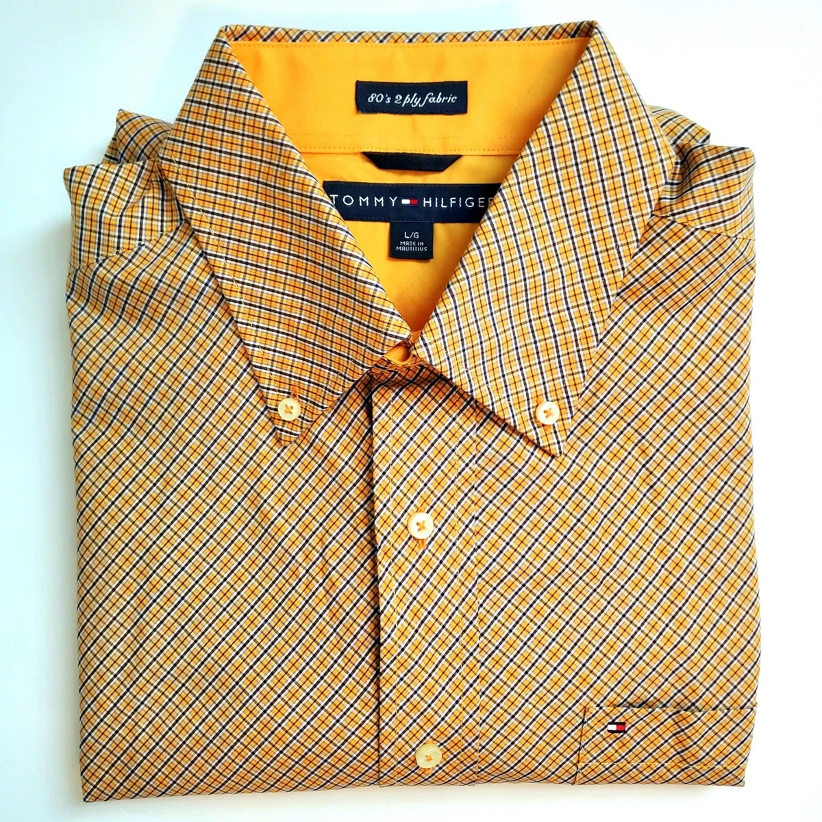 Vintage Tommy Hilfiger 80 s 2 Ply Orange Plaid Cotton Shirt Long
