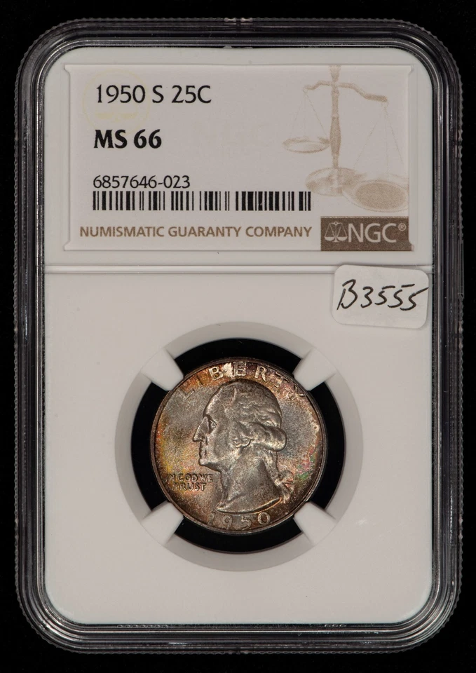1950-S 25c Washington Quarter - PQ Rainbow Mint Set Toning - NGC MS 66 - B3555 - Image 3 of 4