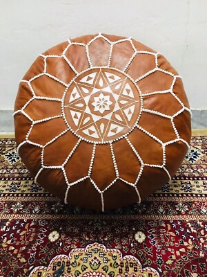 Leather Footstool Brown New Ottoman Unstuffed Pouf Classic 30'' Round