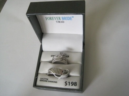 FOREVER BRIDE Trio Wedding Band Sterling 1/4 CTTW Diamond Bride & Groom Heart