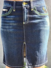 Baby Phat Skirt Denim Blue Logo 5 Pockets Front Slit Stretch Size 3 New